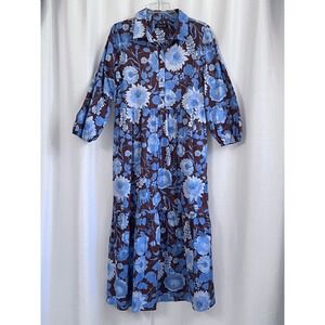 Rachel Zoe Floral Maxi Long Sleeve Dress Blue Brown Button Front Tiered Size M